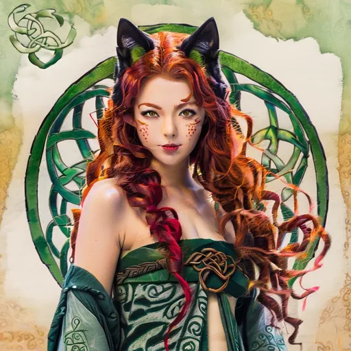 Prompt: Japanese ink art, Celtic woman, face with cat ears and tail, long red curly hair, detailed green eyes, detailed skin texture, Celtic Robes full body view, detailed Japanese style background, diffused lighting, delicate, artistic, beautiful, 