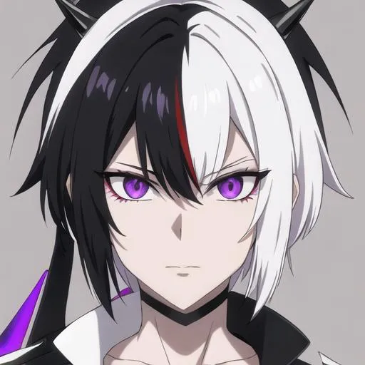Prompt: Male (spiky black hair and white multicolor hair) (Purple eyes)UHD, 8K, highly detailed, insane detail