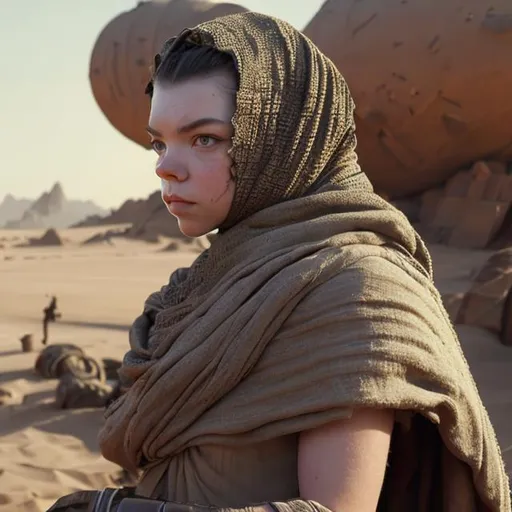 Prompt: anya taylor-joy, beautiful, black-eye, detailed face, hijab, turban, muscular, large, stocky, tall, military, robot arm, desert armor, rey starwars, bandaged arms, tan poncho, desert, mountain, scifi, futuristic