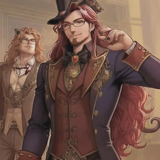 Prompt: A steampunk  lion wizard with cherry red long hair and glasses, a muscular body squeezed into a dressy suit, long fangs, and a lascivious smirk 