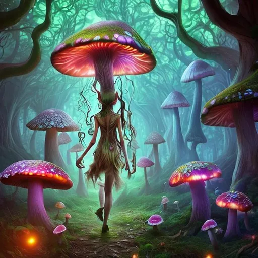 Prompt: A bunch of strange elves with Amber eyes , Big Ears and a colorfull skin walking over a Big Root. Mystic Vibes. Foggy Grove. Mushrooms. Psychedelic Background. Photorealistic 