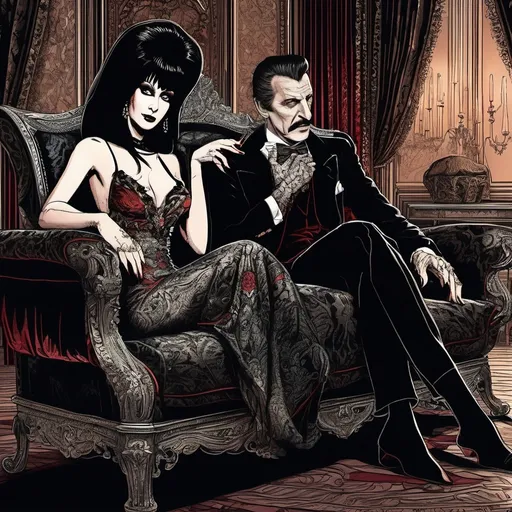 Prompt: (Elvira Mistress of the Dark lying on her side on a Chaise Lounge with Vincent Price Standing next to her), pen and ink style, dark color scheme, elegantly gothic attire, intricate details, dim lighting, dramatic shadows, opulent background, luxurious textures, ornate furniture, deep reds and blacks, baroque patterns, solemn atmosphere, rich color tones, dark romanticism, ultra-detailed, 4K, photorealistic masterpiece, timeless elegance.