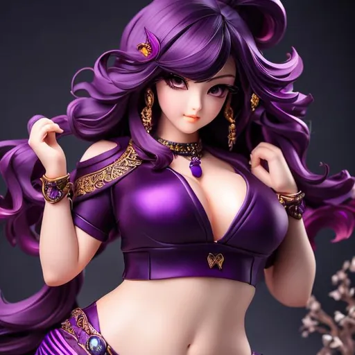 Prompt: anime style, full body, chubby female model, shapely body, standing in temple, Oni, long hair, dark purple hair, Detailed Face, intricate eyes, purple iris, Perfect anatomy, showing skin, Japanese, shadows, extremely high detail,  midriff, deep cleavage, 