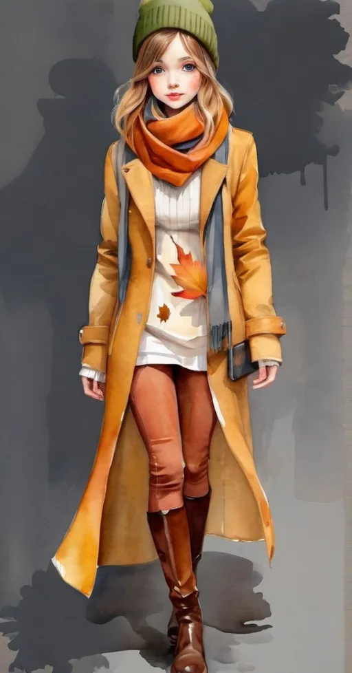 Prompt: young girl, autumn outerwear, jacket,  scarf, hat, a lot of details, high quality, standing straight, arms to the sides, paper doll, watercolor,