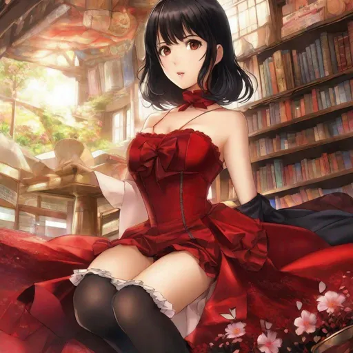 Prompt: anime art, pretty young Indonesian woman, 25 year old, (round face, high cheekbones, almond-shaped brown eyes, epicanthic fold, small delicate nose, luscious lips, short bob black hair), red silk bustier style dress, perfect hourglass figure, looking directly at camera, Japanese manga, Pixiv, Anime Key Visual, Fantia