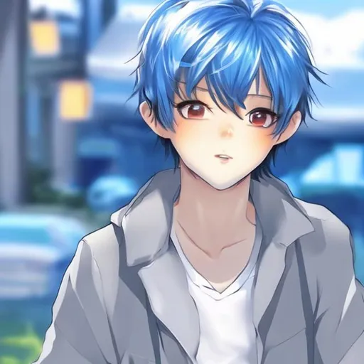 Prompt: cute anime boy  with short blue hair
