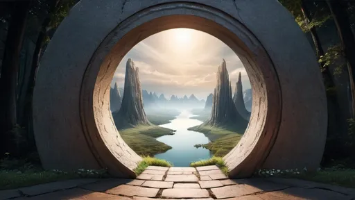 Prompt: circular portal, gateway between worlds, gateway leading to another world, ring, ring standing on edge, freestanding ring, complete ring, panoramic view