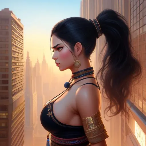 Prompt: 23 year old, native American, Beautiful woman Giantess, ponytail hair, Giantess walking over a city, Huge cleavage, athletic body, Highly detailed photo realistic digital artwork. High definition. Face by Tom Bagshaw and art by Sakimichan, Android Jones" and tom bagshaw, Biggals