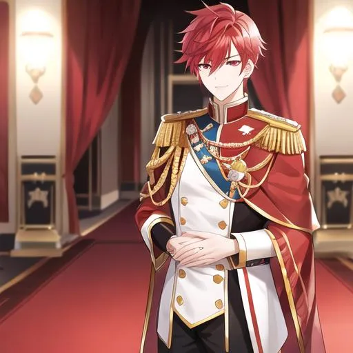 Prompt: Zerif male (Red half-shaved hair covering his right eye) 4k, wearing a royal uniform, hand over his chest, bowing