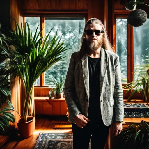 Prompt: Norwegian DJ with long hair and a very long beard. Danish modern house with tropical plants. He is wise and young. Sunglasses. Blazer. There is snow outside the window. A fire place inside. He has a dog.