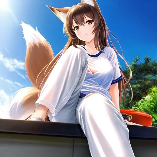 Prompt: oil painting, UHD, hd , 8k,  anime, hyper realism, Very detailed, zoomed out view, clear visible face, full body in view, clear visible face, fox girl character with long dark brown hair, wears a white tshirt with pants, sitting near a pool