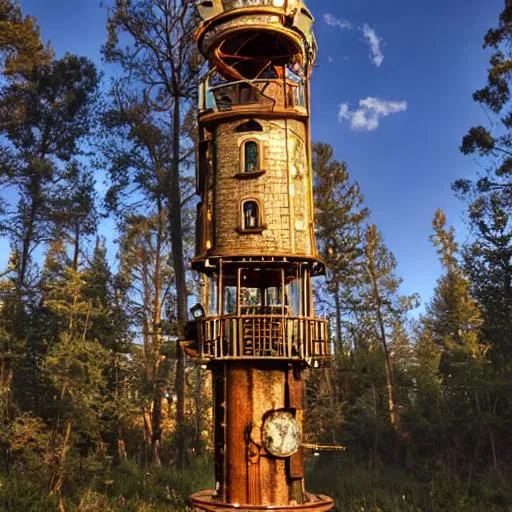 Prompt: realistic steampunk tower at the sunset with high trees 