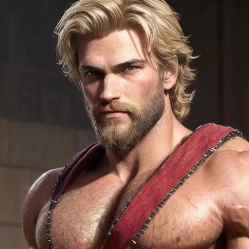 Prompt: male warrior, rugged looking, strong musculature, sandy blonde, very hairy chest, short wavy hair and short trimmed beard, crimson clothing, very detailed eyes, UHD, 64K, sharp focus, studio photo, intricate details, highly detailed, by greg rutkowski