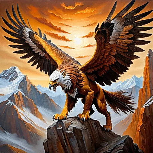 Prompt: Warhammer fantasy RPG style oil painting of majestic griffon  flying over top of towering mountain, lion body with eagle head, rich and textured oil painting, grimy atmosphere, orange and brown hues, intricate details, high quality, detailed, fantasy RPG, oil painting, majestic, griffon, elaborate, rich texture, detailed feathers, intricate fur, professional, atmospheric lighting