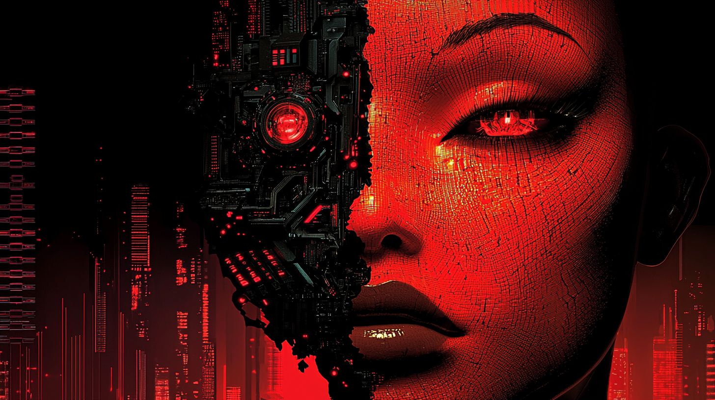 Prompt: Wide ratio red shift render capturing a close-up of an anthropomorphic female's face, her features displaying the intricacies of transhuman design. As she appears to be breaking apart, an amalgamation of embers and algorithmic patterns emerge, with a backdrop of a city building and glowing GPU terminals.