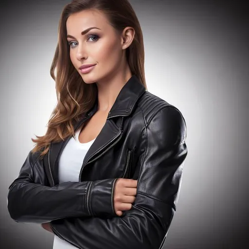 Prompt: leather jacket on a woman's  shoulder product imagery for amazon 