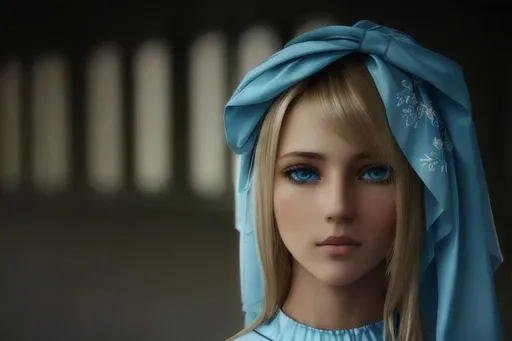 Prompt: light blonde haired girl with light blue eyes wearing a beautiful russian dress, symetrical face, ultra realistic