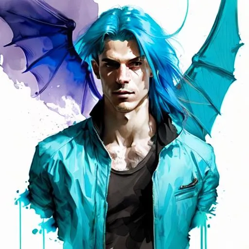 Prompt: Man with long bright blue hair and dragon wings