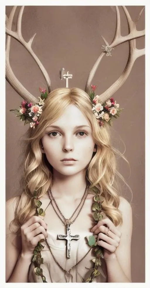 Prompt: Blond hair antlers flowers in her hair holding a rosary with a crucifix pendant