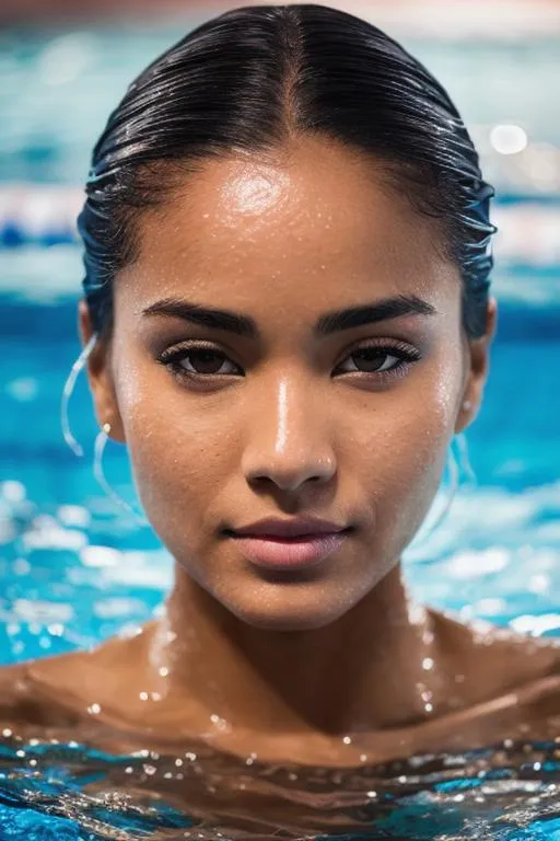 Prompt: beautiful woman getting out of a swimming pool wearing swimwear, head half in water, highly detailed face, pretty, photorealistic, closeup, sony alpha a71, dslr photograph, ethnic race, underground basement, medium artificial lighting, night time, white light