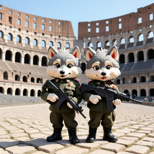 Prompt: two cute small wolves in Italian military uniform, with Beretta AR70/90 assault rifles in hands, before cartoon style rome coliseum, with 2 italian flag