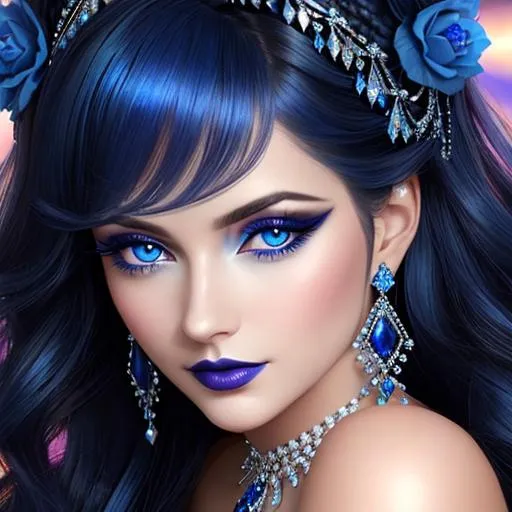 Image AI: Open Art: a Sapphire lady, feminine elegant princess ,  dark hair, large blue eyes, wearing jewls in her hair,  beautiful makeup, blue eyeshadow, dark pink lipstick, facial closeup