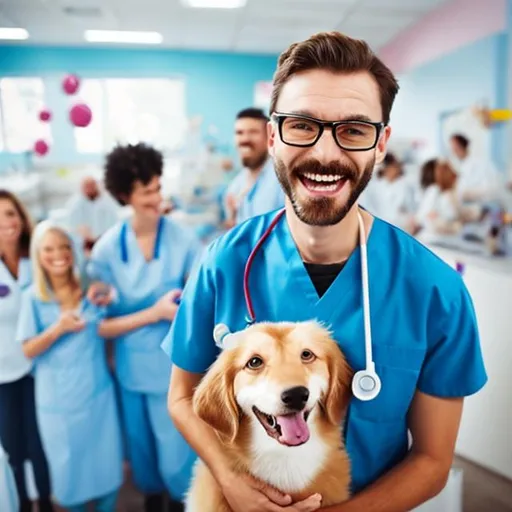 Prompt: a happy funny veterinarian technician, standing in the middle of a pet clinic with happy pets and owners in the background