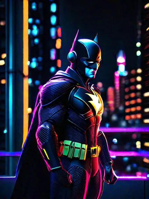 Prompt: Flash cyberpunked as superhero with suit in Gotham city, 8k, HD, night theme, neon color