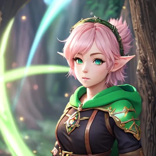 Prompt: "Full body, oil painting, fantasy, anime portrait of young gnome woman with short light pink hair, dark green eyes, and short elf ears wearing adventuring gear, #3238, UHD, hd , 8k eyes, detailed face, big anime dreamy eyes, 8k eyes, intricate details, insanely detailed, masterpiece, cinematic lighting, 8k, complementary colors, golden ratio, octane render, volumetric lighting, unreal 5, artwork, concept art, cover, top model, light on hair colorful glamourous hyperdetailed medieval city background, intricate hyperdetailed breathtaking colorful glamorous scenic view landscape, ultra-fine details, hyper-focused, deep colors, dramatic lighting, ambient lighting god rays, flowers, garden | by sakimi chan, artgerm, wlop, pixiv, tumblr, instagram, deviantart