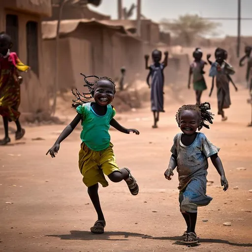 Prompt: Playing happy kids, in the dusty streets of Africa.