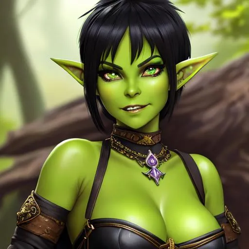 Prompt: oil painting, D&D fantasy, green-skinned-goblin girl, green-skinned-female, small, short black hair, crazy look, pointed ears, fangs, looking at the viewer, thief wearing intricate adventurer outfit, #3238, UHD, hd , 8k eyes, detailed face, big anime dreamy eyes, 8k eyes, intricate details, insanely detailed, masterpiece, cinematic lighting, 8k, complementary colors, golden ratio, octane render, volumetric lighting, unreal 5, artwork, concept art, cover, top model, light on hair colorful glamourous hyperdetailed medieval city background, intricate hyperdetailed breathtaking colorful glamorous scenic view landscape, ultra-fine details, hyper-focused, deep colors, dramatic lighting, ambient lighting god rays, flowers, garden | by sakimi chan, artgerm, wlop, pixiv, tumblr, instagram, deviantart