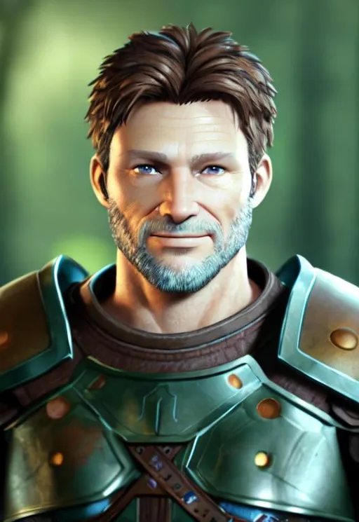 Prompt: Digital Art, 45-year-old viking man, brown hair, medium length wavy hair, subtle smile, a couple of wrinkles short trimmed beard, short trimmed mustache, brown eyes, blue gear, yellow armor, unreal engine 8k octane, 3d lighting, full body, full armor