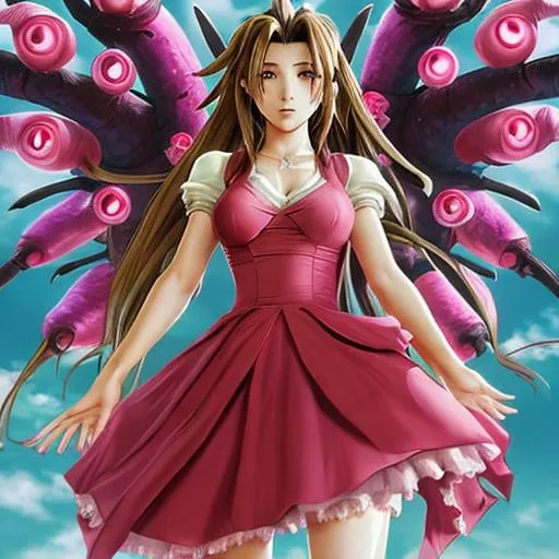 Prompt: Aerith from Final Fantasy except she has too many eyes
