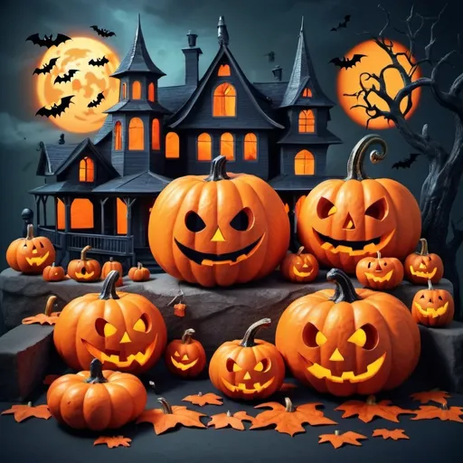 Prompt: helloween decorations with ghosts and pumkins