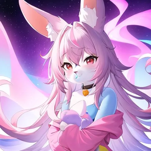 Prompt: A dreamlike state of color clean lines, pastel high contrast of an anthro fursona adult female furry brown rabbit wearing a pink cozy hoodie with constellations adorning the sleeves who's rainbow and in the light, main color red and blue, surface like an oil spill,  high detail, full animal, artstation, splash of color, dynamic lighting full body in frame, full body