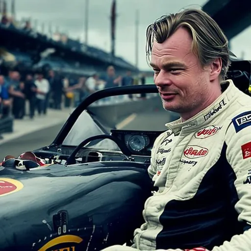Prompt: Christopher Nolan As A Car Racer, please make it realistic.
