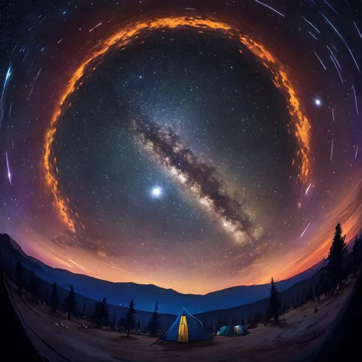 Prompt: An epic fantastic realism comic book style painting of the most beautiful spinning CAMP SITES, launched across the dark and starry night sky,  fisheye, unreal 5, DAZ, hyperrealistic, octane render, dynamic lighting