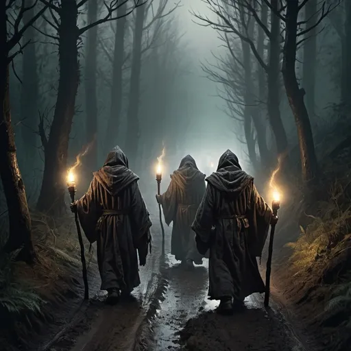 Prompt: Warhammer fantasy RPG style, distant top view of few hooded monks holding lit torches walking on a muddy forest road, dark and eerie atmosphere, detailed forest foliage, rugged terrain, aged and weathered robes, ominous lighting, high quality, dark fantasy, detailed foliage, eerie atmosphere, rugged terrain, weathered robes, ominous lighting, mysterious mist surrounding