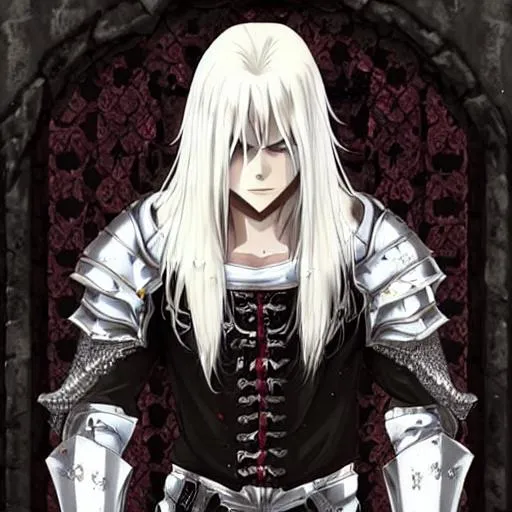 Prompt: Anime,breathtaking, handsome man, 20 years old, long white hair, red eyes, white skin, medieval armor