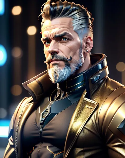 Prompt: perfect composition, ultra realistic, bearded goatee {45 year old}, lean and muscular {Jordan Peterson}, {wearing futuristic brown trench coat with cybernetic attachments}, extra masculine, peak fitness, amused expression, {black and gold hair}, 8k eyes, detailed face, wlop, stanley artgerm lau, artstation, hd, octane render, hyperrealism intricate details, 8k, cinematic volumetric light, proportional, art trending on artstation, sharp focus, studio photo, intricate details, highly detailed, intricate artwork masterpiece, ominous, intricate, epic, trending on artstation, highly detailed, vibrant, production cinematic character render, ultra high quality model, 