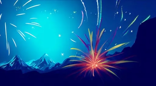 Prompt: Anime mountain landscape with fireworks and one fireword shaped like a gold fish