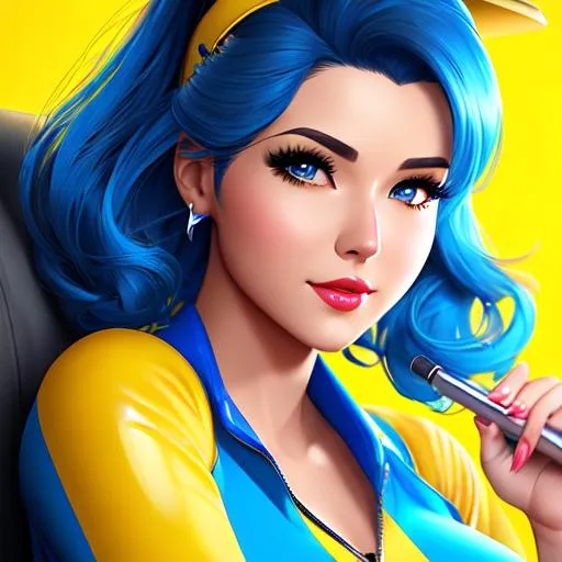 Prompt: illustration by Artgerm, Fallout pin-up girl wearing blue, yellow, award-winning cgi, blender 