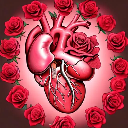 Prompt: ananatomical human heart with red roses,light pink background