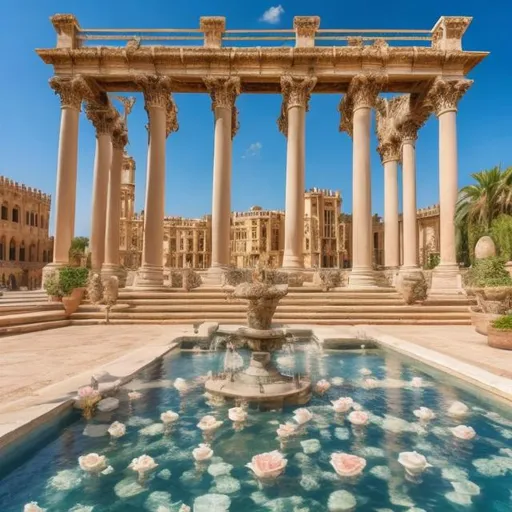Prompt: Summer court from court of Thornes and roses with a Majestic palace hitten by the sun facing the Sea in arabic and Roman  architecture  