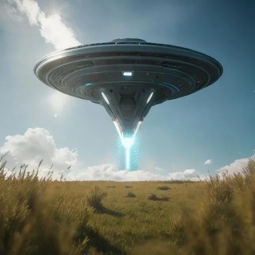 Prompt: 8k portrait of a soft surface futuristic alien craft concept art, sci fi style art, ibackground, .obj file, high quality render, ultrarealistic floating above a field of grass, abducting humans through a ray of light, high details, wind draft, cinematic style, xfiles, deviantart rendered in unreal engine 5, intricate details