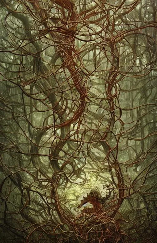 Prompt: Densely tangled forest branches by Shaun Tan and Eywind Earle, trending on artstation, evocative, highly detailed. japanese Art Nouveau,  Symbolism, Ornamental, Brad Kunkle