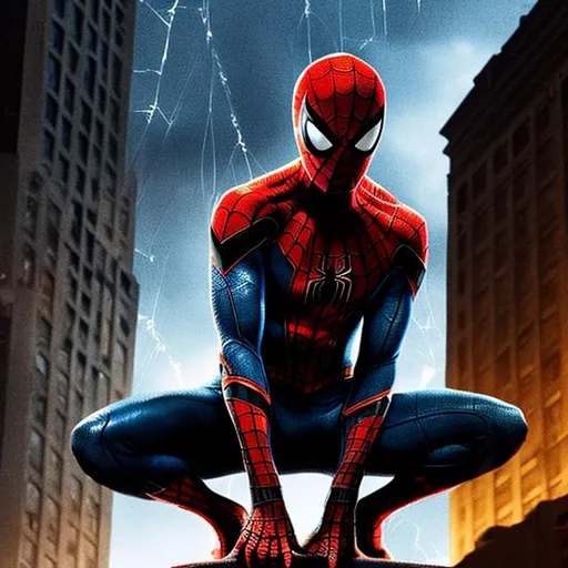 Prompt: spider-man is sitting. looks down. rain. thunderstorm