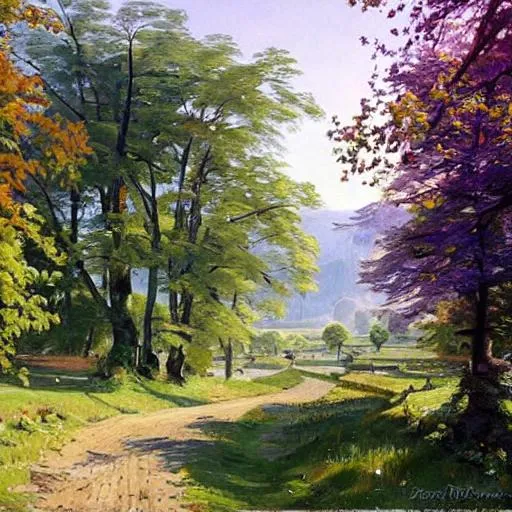 Prompt: Create a painting of a sunny and bright landscape in the style of Peder Mork Monsted.