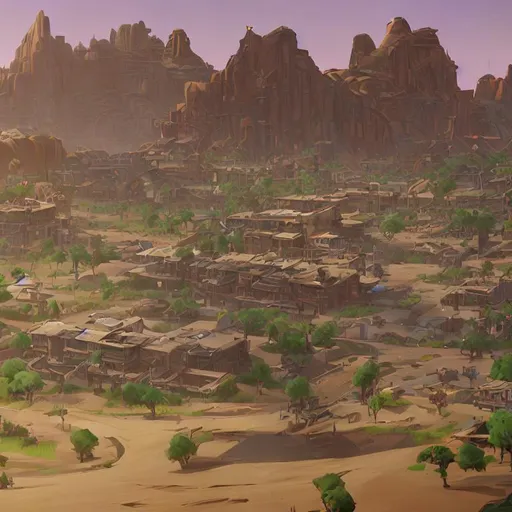 Prompt: Desert, plateaus in far-background, small western-town, giant-monster-foot stepping on town-square in mid-ground, out-of-focus reptiles and scorpions on desert-plants in foreground, fortnite-battleroyale art-style, pseudo-cartoon Fortnite art-style.