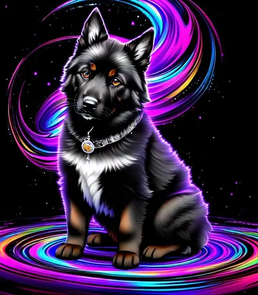 Prompt: Inky Epic Beautiful Liquid (Beautiful playful {Furry!! German Shepard}Puppy plasma, Beautiful big reflective eyes, long flowing hair), hyper realistic,  expansive psychedelic background, hyper realistic, 8K --s99500